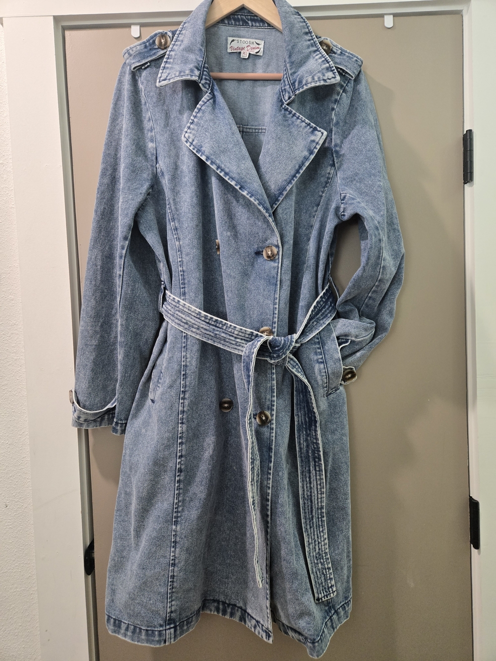 Stoosh Vintage Denim XL Acid Wash Denim Trench Coat Belted Long Jacket